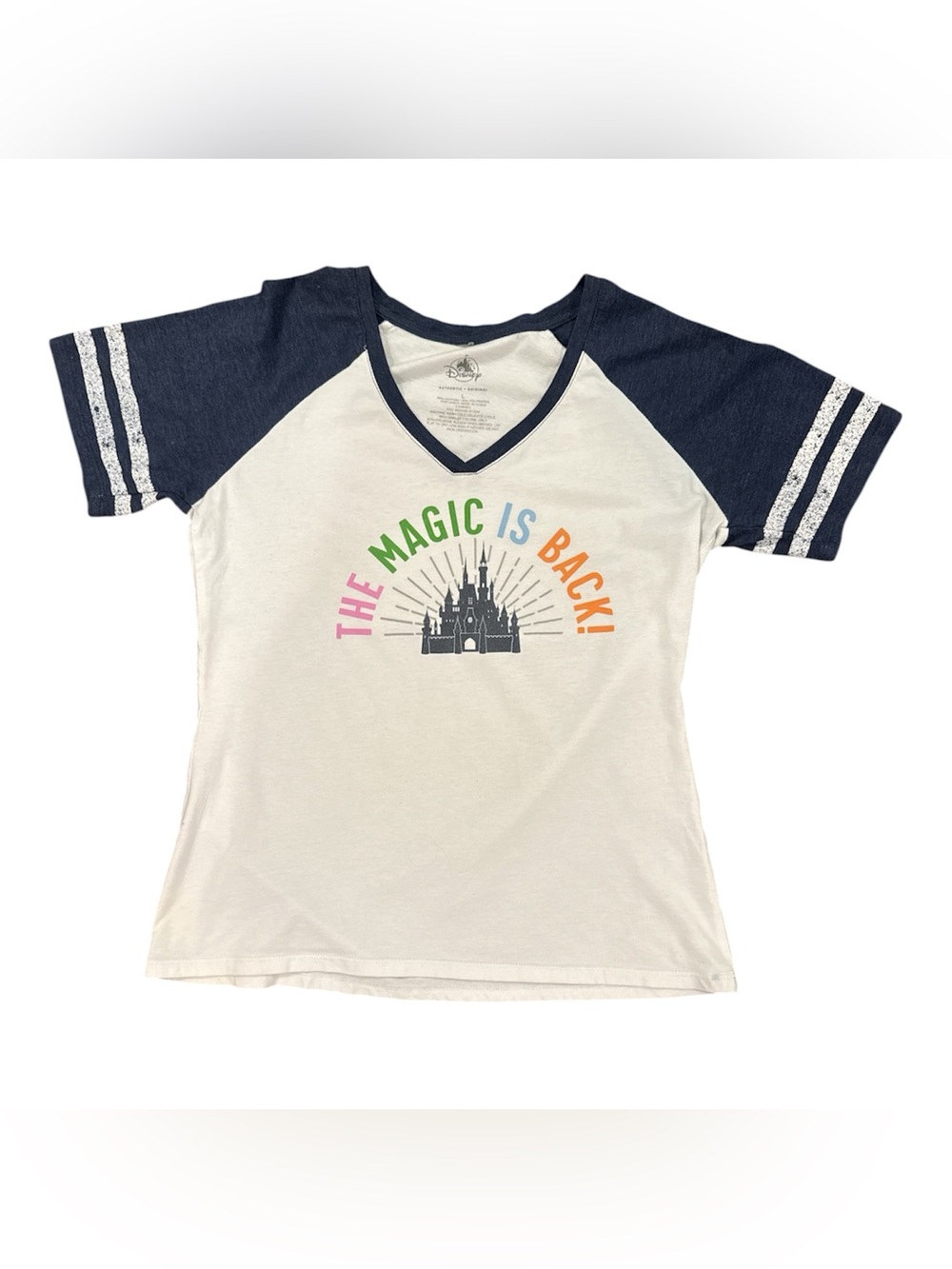 Disney Women’s White Tee with Navy Raglan Sleeves and Rainbow Text EUC!!